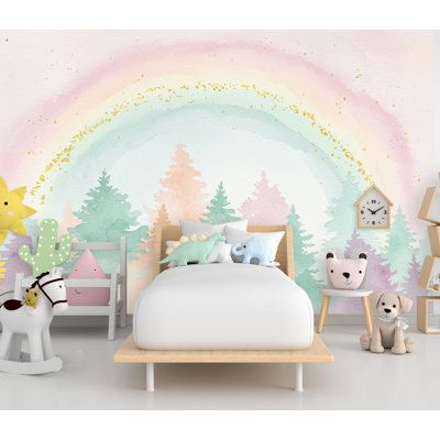 Rainbow Watercolor Forest Wallpaper Colorful Nursery Peel Stick Girl Room Wallpaper Nursery Self Adhesive Rainbow Nursery Decor Mural (Peel-N-Stick) 902DRS