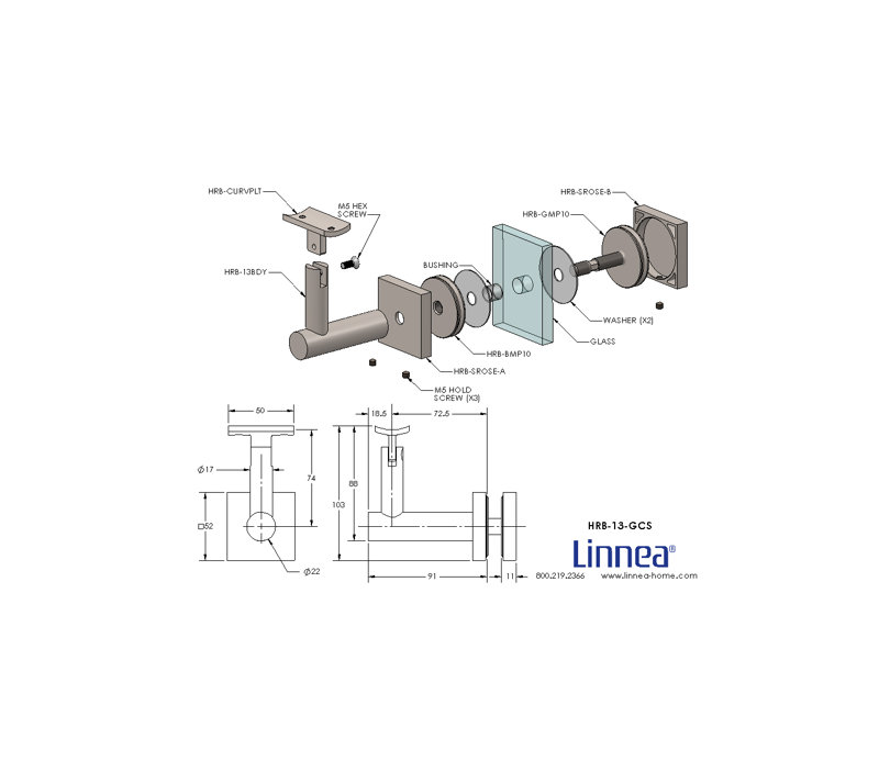 Glass Mount Handrail Bracket with Square Rose and Curved Plate, Polish Stainless Steel