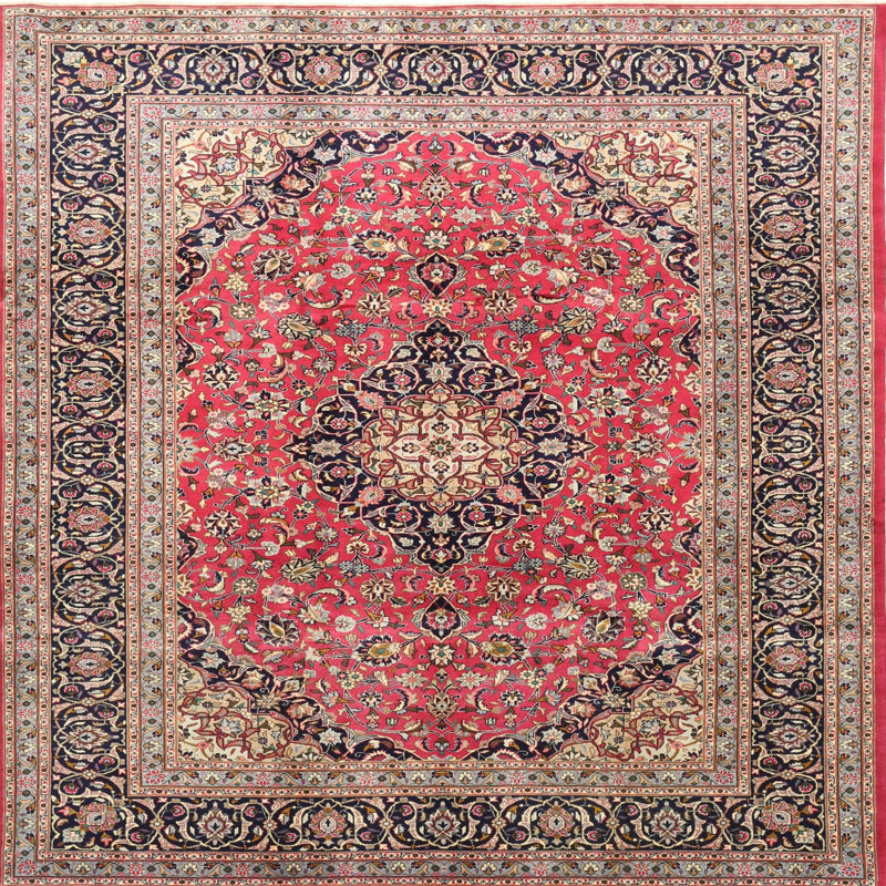 Tapis décoratif rouge à motif oriental Zeeshan, Carré 8 pi