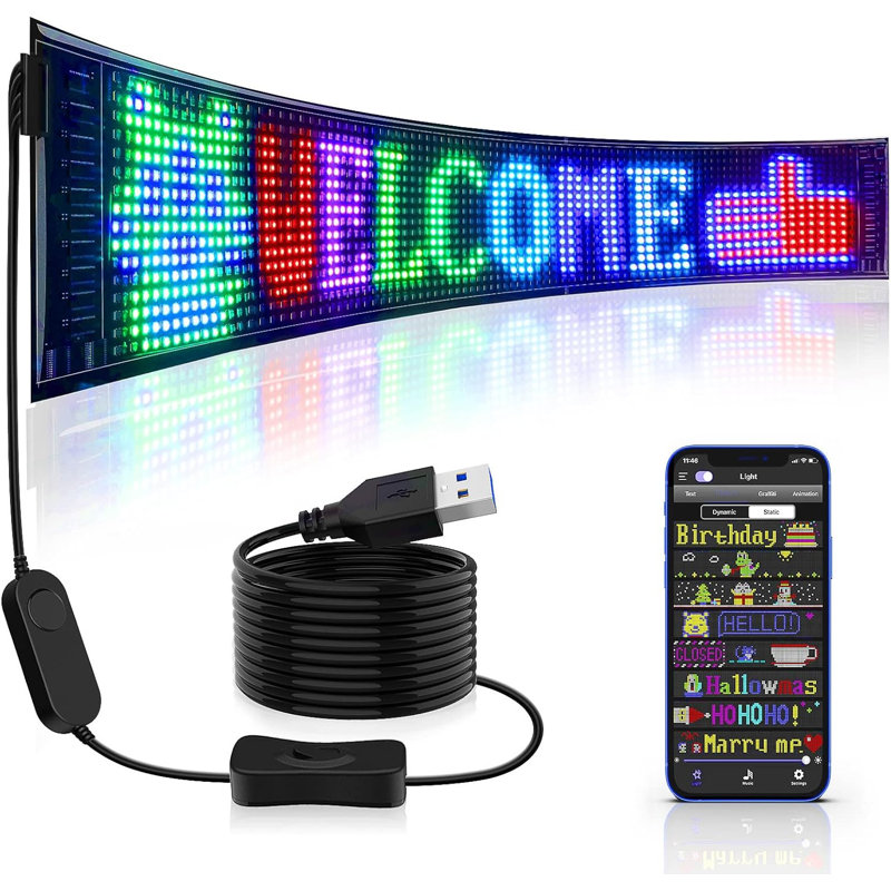 Scrolling Huge Bright Advertising LED Signs, Flexible USB 5V LED Store Sign Bluetooth App Control Custom Text Pattern Animation Programmable Display For Store Car Bar Hotel (27"X5")