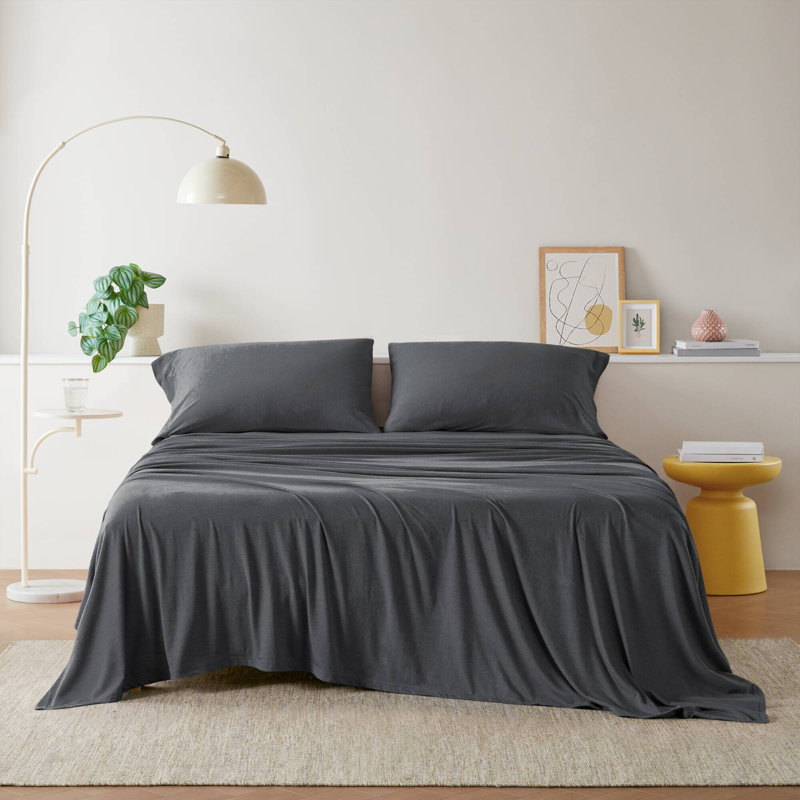  Ensemble de draps en tricot de coton toutes saisons, Ensemble de draps pour grand lit avec 2 taies d'or, Gris anthracite