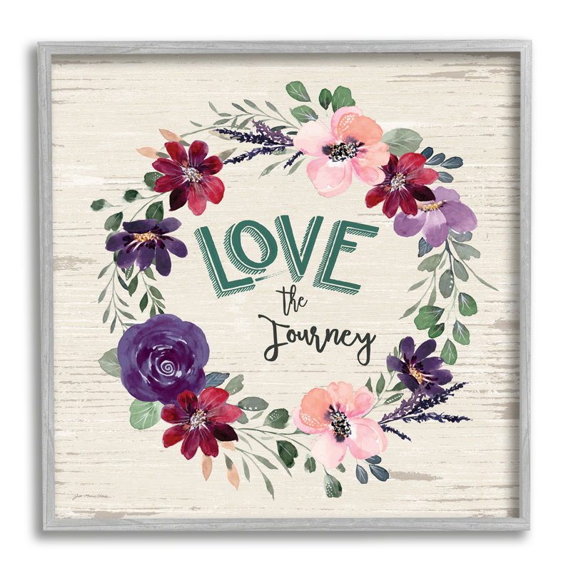 Couronne de fleurs «Love the Journey» par Jo Moulton - Peinture, H 12 po x l 12 po x P 1,5 po, Estampe numérique Farmhouse