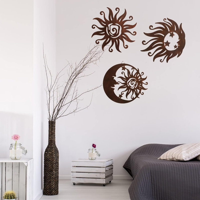 Ensemble de 3 art mural en métal couleur soleil rouille, intérieur et extérieur antirouille
