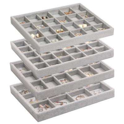 Set Of 4 Stackable Velvet Jewellery Trays Organizer, Jewellery Display Storage Box Showcase Holder Dresser Drawer Organizer