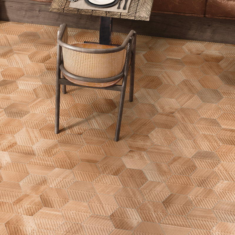Cotto Charm 8" Porcelain Chevron Hex Tile, Sienna