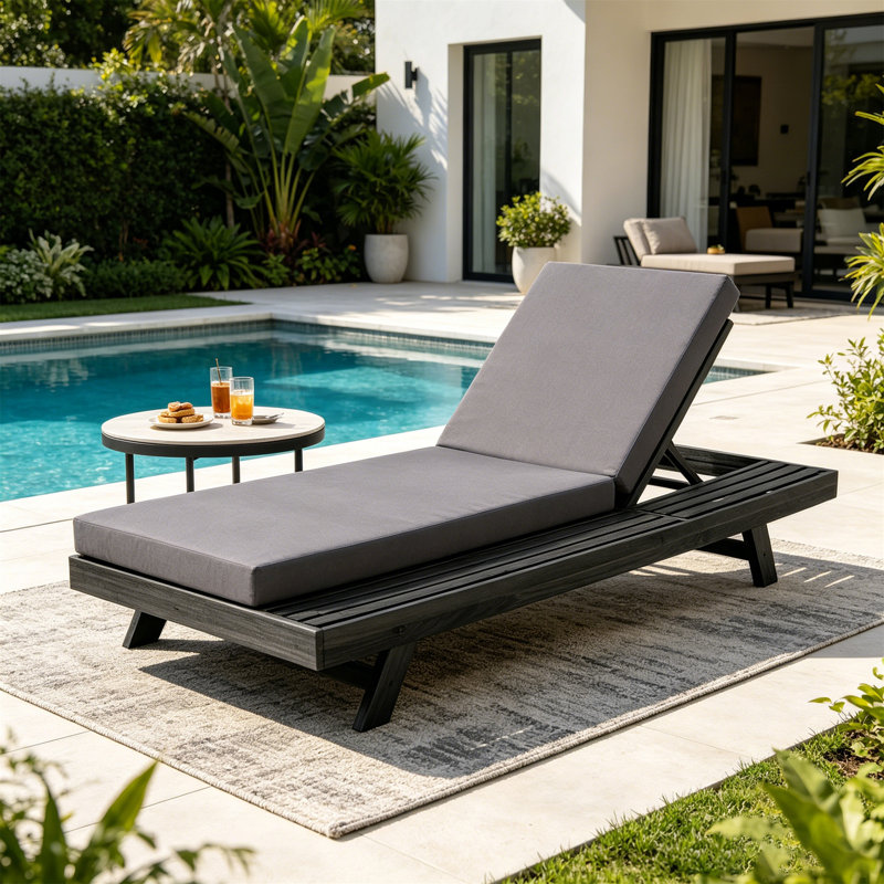 Ensemble de chaises longues, espace disponible sur un côté, bois d'acacia noir avec coussins de salon résistants à l'eau (gris foncé et 4 pouces d'épaisseur) - version crème assortie disponible