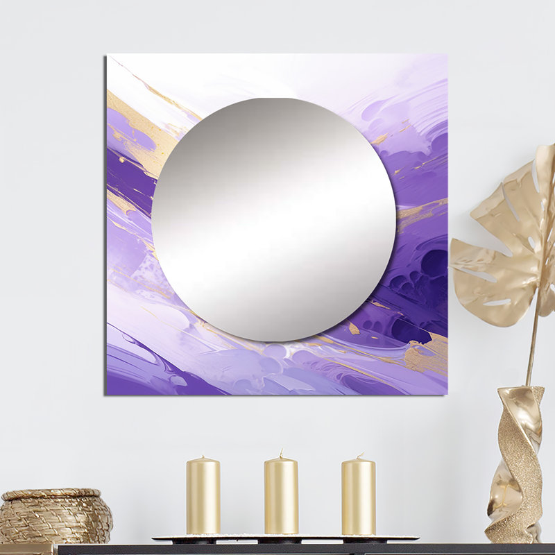Chieu - Abstractions dynamiques mauves et dorées I, art abstrait miroir carré violet pour salle de bain, 23 po x 23 po