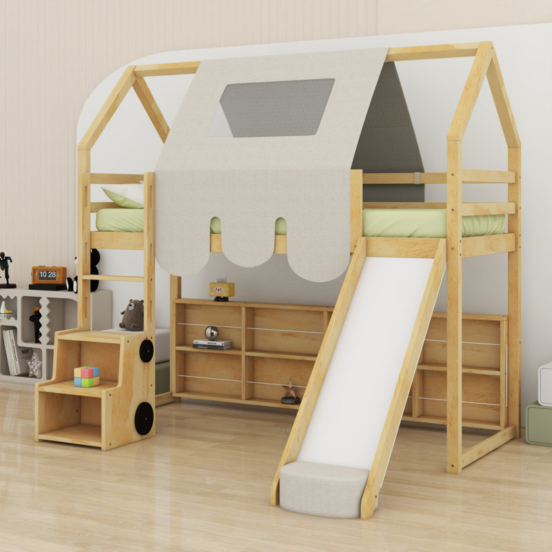 Structure de lit en mezzanine avec tente, Naturel / Beige, Lit simple