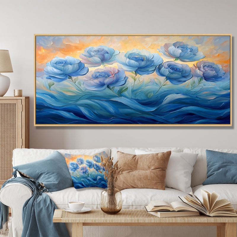 Ishaanvi, pivoines bleues en harmonie I - pivoines, art mural, H 28 po x l 60 po, Impression encadrée flottante, Crème, crème