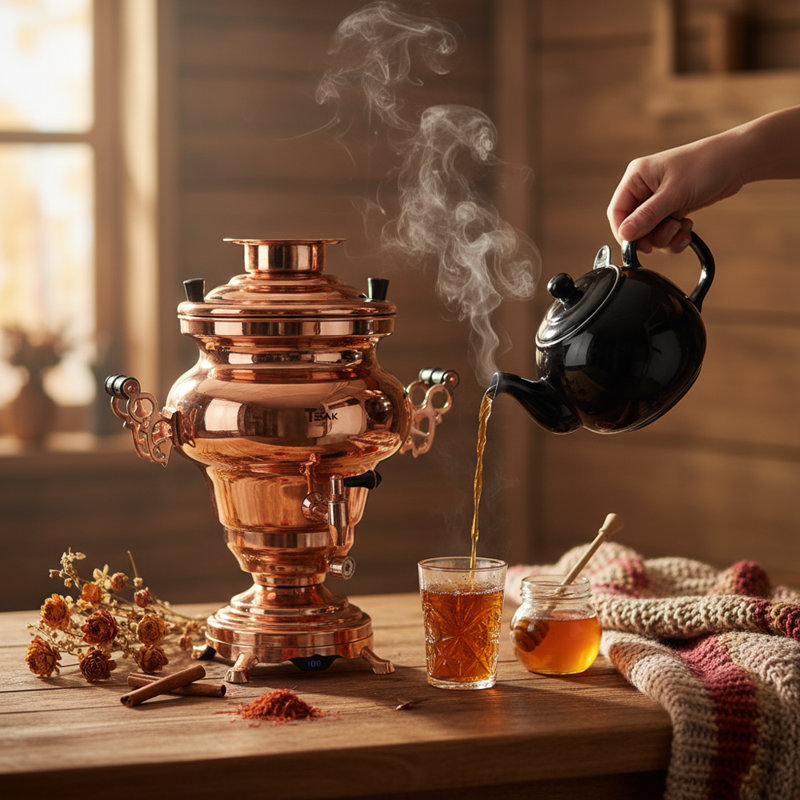 Ttak Houseware Electric Stainless Steel Copper Design Samovar - Premium Modern Design Tea Kettle Overheat Protection Porcelain Teapot (1.2 Liters) Large Stainless Steel