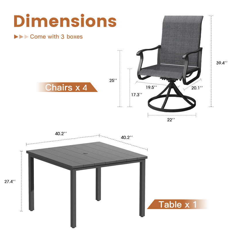 Ensemble repas pour 4 personnes avec table carrée en métal et chaises pivotantes PVC-coated polyester, Gris foncé / Noir