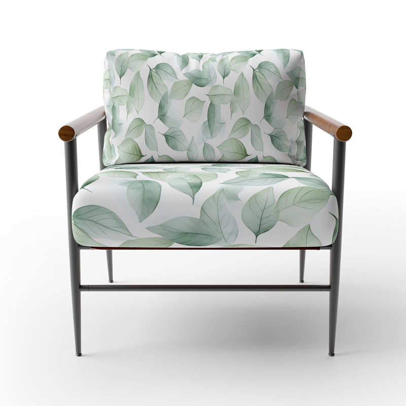 Chaise rembourrée Boho - Fauteuil vert avec feuilles Zen, Bras ronds bruns
