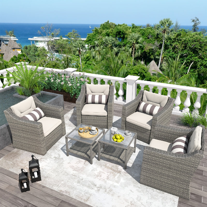 6-Piece Outdoor Patio Conversation Set, PE Rattan Furniture with 4 Lounge Chairs, 2 Coffee Tables & Soft Cushions, All Weather Wicker Seating for Garden Balcony Deck (Gray)