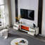 Dessus en pierre 78,74 po de style moderne minimaliste en bois fritté blanc, pieds surélevés, meuble télé avec foyer à flamme chauffante simulée en 3D et armoire décorative pour tout-en-un