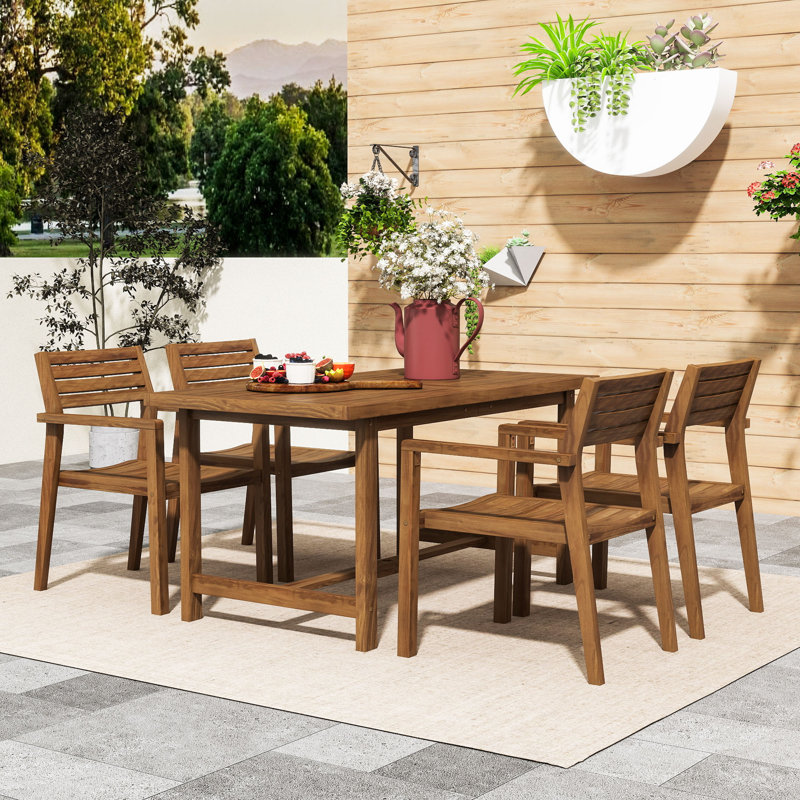 Ensemble repas 5 pièces pour l'extérieur avec table rectangulaire, 4 chaises ergonomiques et trou pour parasol, Naturel