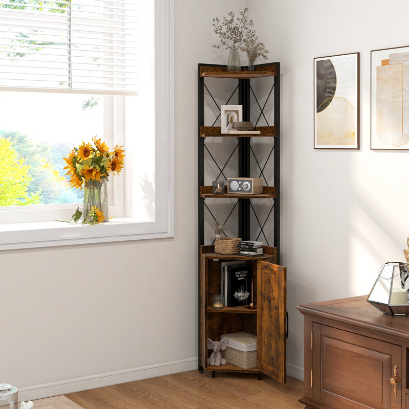 6-tier Corner Shelf with Cabinet 71 Inches Tall Corner Bookshelf with 5-position Adjustable Shel