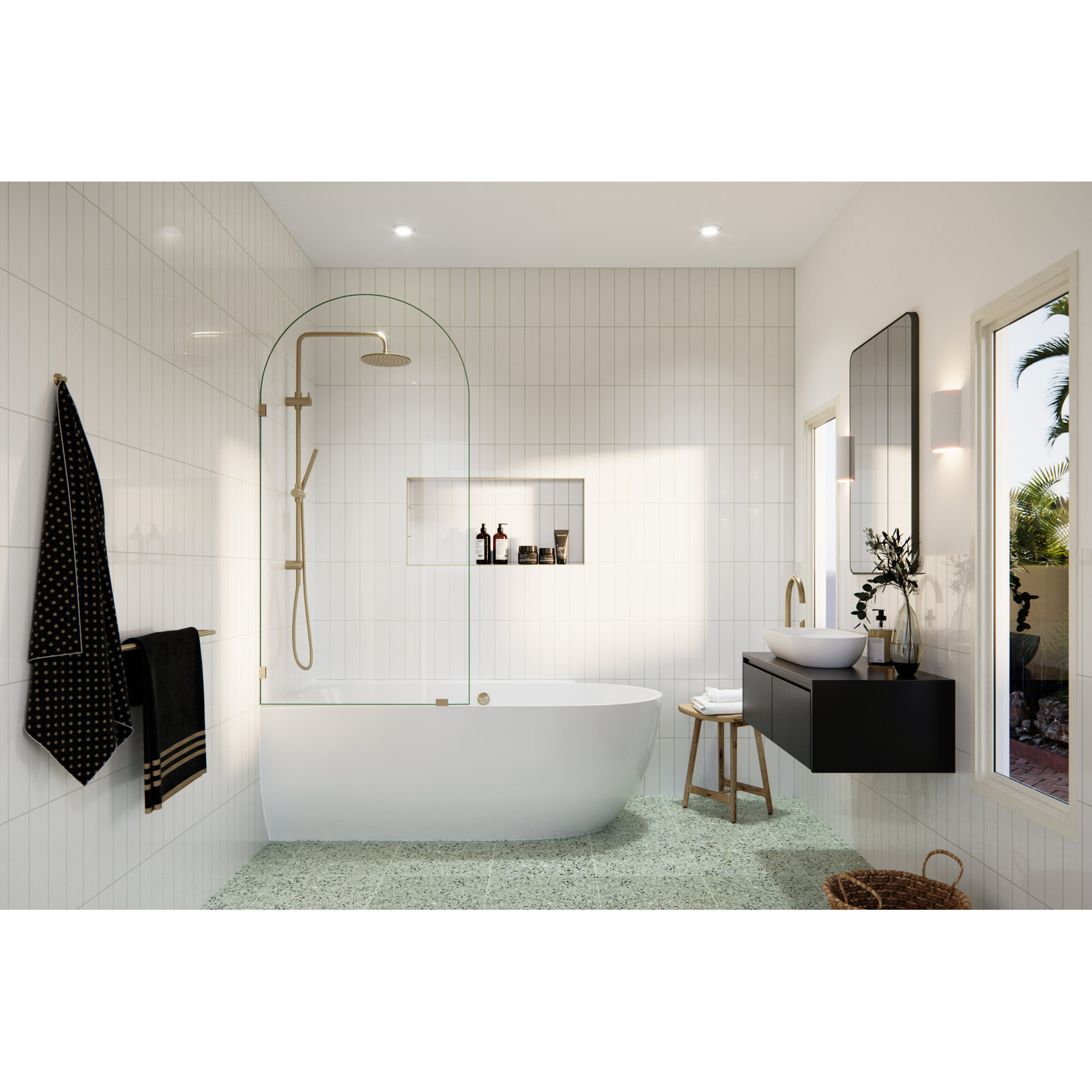 Venus 34 in. x 66.75 in. Frameless Arched Single Fixed Bath Panel, Brushed Bronze