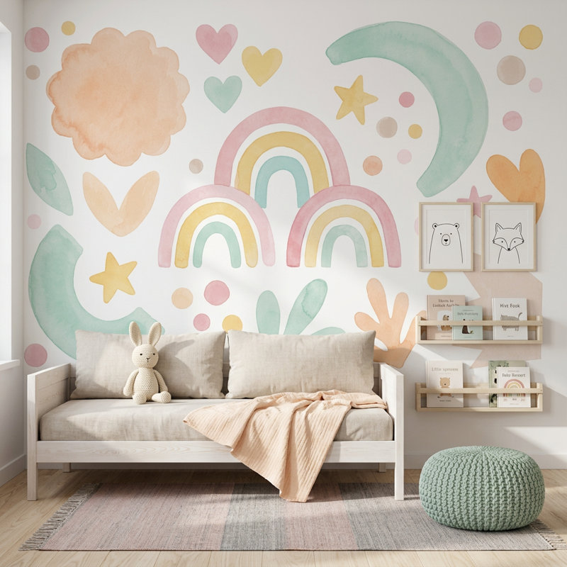 Papier peint blanc avec chambre d'enfant, Non tissé, 140 po x 108 po