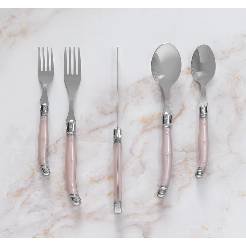 French Home Laguiole Stainless Steel Flatware Set, Service For 4 Pearl White, Light Pink