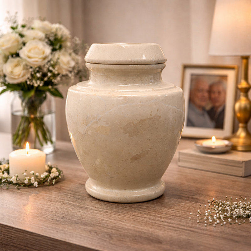 Urne de crémation décorative en marbre pour adultes, motif marbré beige, grande capacité