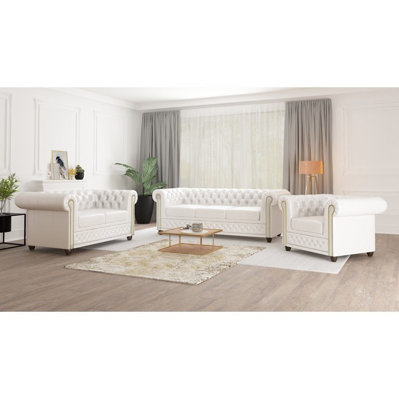 Chesterfield  Sofa 3 Seater Made of Vegan Leather with Solid Wood Legs, White