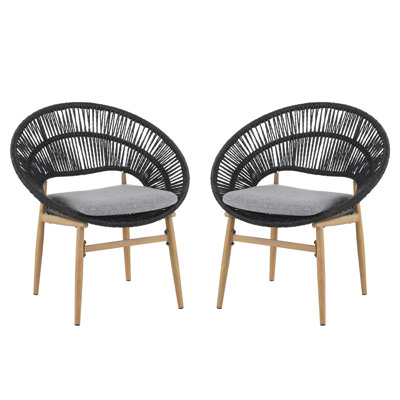 Chaise de salle à manger d'extérieur en osier de style papasan, pieds en teck et faux rotin gris foncé, coussin gris foncé, ensemble de 2