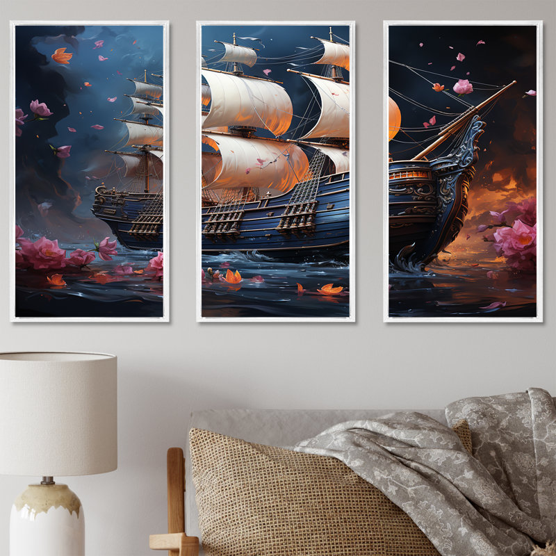 Pirate Ship Nightly Voyage III - Art mural pirate, Cadre flottant blanc, H 40 po x l 61 po