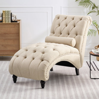Chaise longue capitonnée en lin avec coussin 50 po, beige
