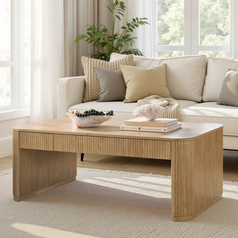 Table basse cannelée moderne avec rangement 47,75 po Jadida Enrique, Chêne