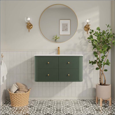 Meuble-lavabo mural simple et flottant vert avec lavabo en acrylique