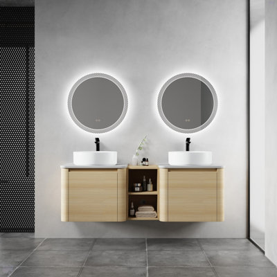 Meuble-lavabo mural 60 po avec lavabo d'art en céramique et 1 tablette de rangement, porte à fermeture en douceur, emballage KD, contreplaqué