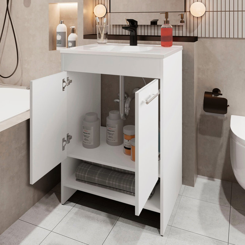 Meuble-lavabo de salle de bain blanc avec 2 portes et solution de rangement ouverte - H 34,6 po x H 23,2 po x 17,7 po, panneau de particules moderne, aspect moderne, H 34,6 po x l 23,2 po, 17,7 po