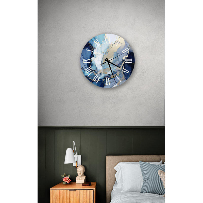Horloge murale moderne en verre trempé bleu, blanc et or, Blanc