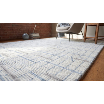 Tapis contemporain moderne géométrique en laine noué à la main 5 x 9 ivoire