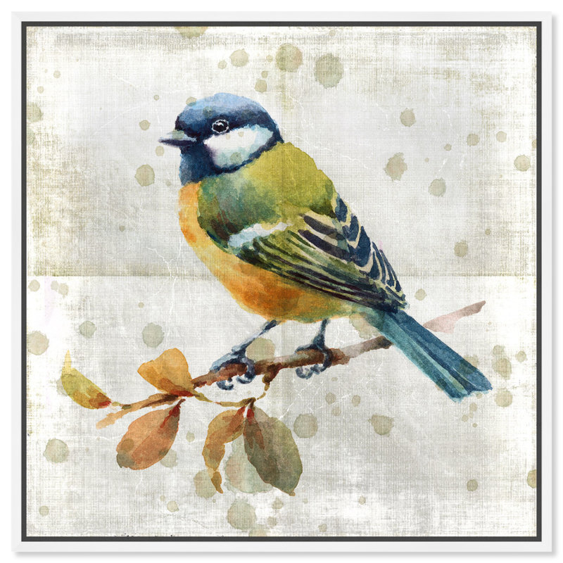 Oiseau bleu - peinture sur toile, H 12 po x l 12 po, Cadre blanc