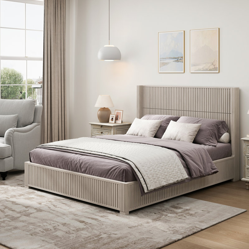 Structure de lit plateforme en bois, aucun sommier nécessaire, Beige, Queen