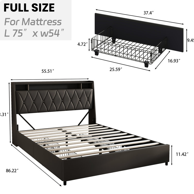 Structure de lit double avec tête de lit ergonomique, prises de courant encastrées et bruit de rangement, métal, éclairage à DEL sans sommier requis, conception à tablette réglable, sommeil tranquille,