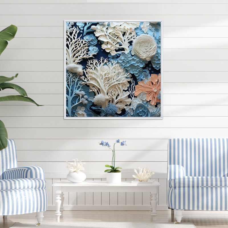 Under Water Blue and White Corals Collage I - Coastal, reproduction sur toile encadrée, Cadre flottant blanc