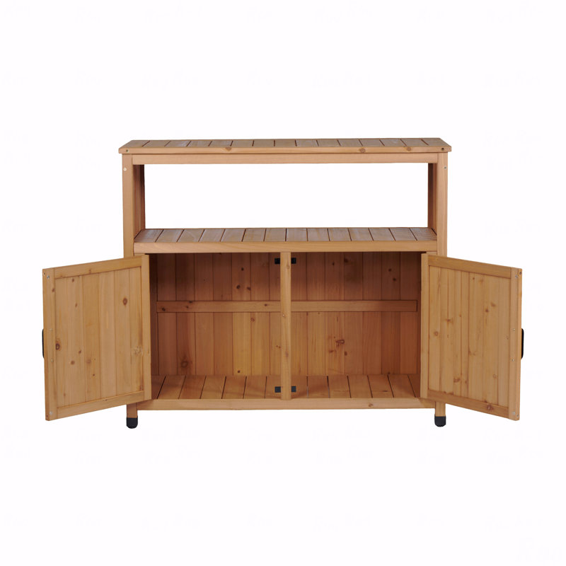 Solid Wood Patio Bar Table with Storage, Barn Door Buffet Cabinet for Indoor/Outdoor Use