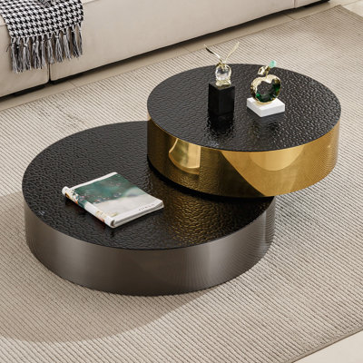 Table basse 35,4 po avec plateau rotatif à deux niveaux, verre fumé et métal deux tons (ronde moderne)