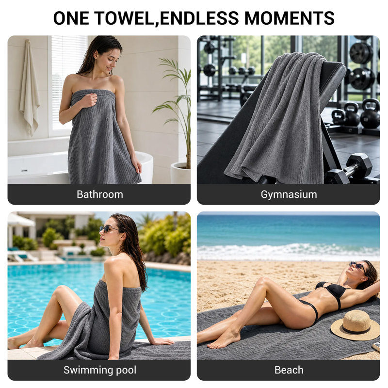 Ensemble de 4 très grandes serviettes de bain rayées grises, serviettes de plage en polyester XL de 35,4 x 70,9 pouces, surdimensionnées à séchage rapide pour la salle de bain ou la piscine