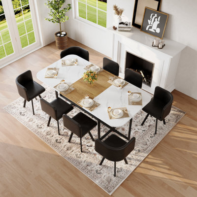 Ensemble de table de salle à manger 9 pièces carrée, plateau de table fixe en faux marbre blanc et grain de bois avec 8 chaises en simili cuir noir, ensemble de table de cuisine moderne pour 8 personnes, idéal pour les réunions de famille