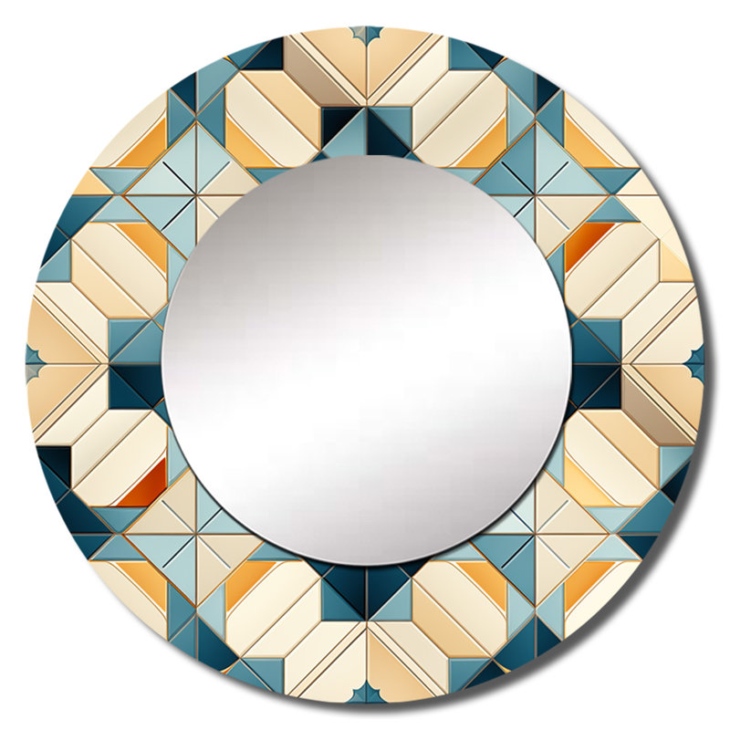 Rovenia Antique Beige And Blue Marrocan Tiles - Geometric  Unique Wall Mirror, Modern Round Mirror, Printed Metal Art