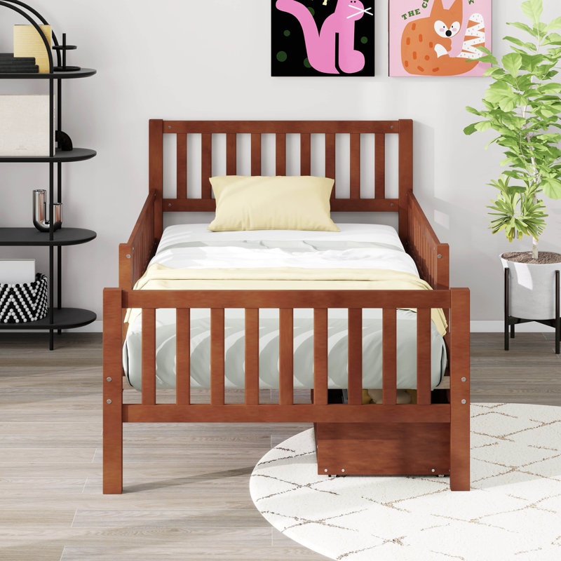 Cadre de lit simple avec rangement, lit en bois avec 2 tiroirs, lit plateforme avec garde-corps des deux côtés pour les enfants