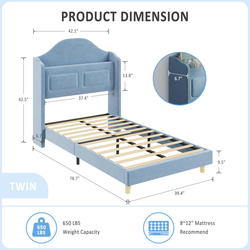Twin Bed Frame with LED Lights, Velvet Upholstered Wingback Storage Headboard, No Box Spring Needed, Blue