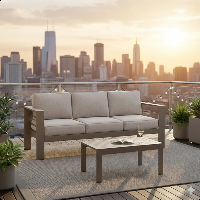 2 Pieces Outdoor Patio Set, All-Weather 3-Seat Metal Patio Sofa Couch With Cushions And Coffee Table, Beige, Light Khaki