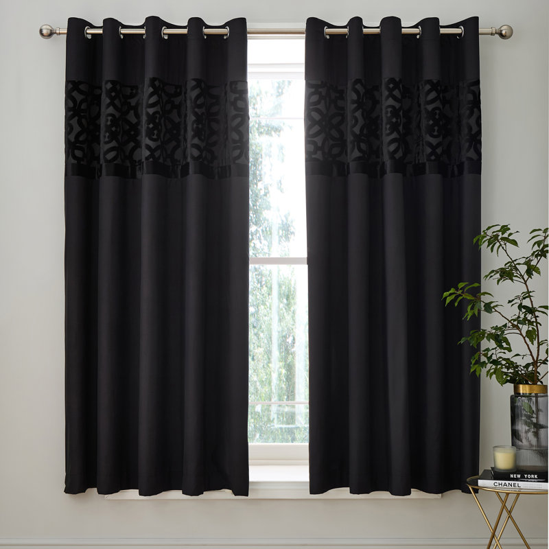 Lattice Cut Velvet Lined Eyelet Curtains Two Panels, Black