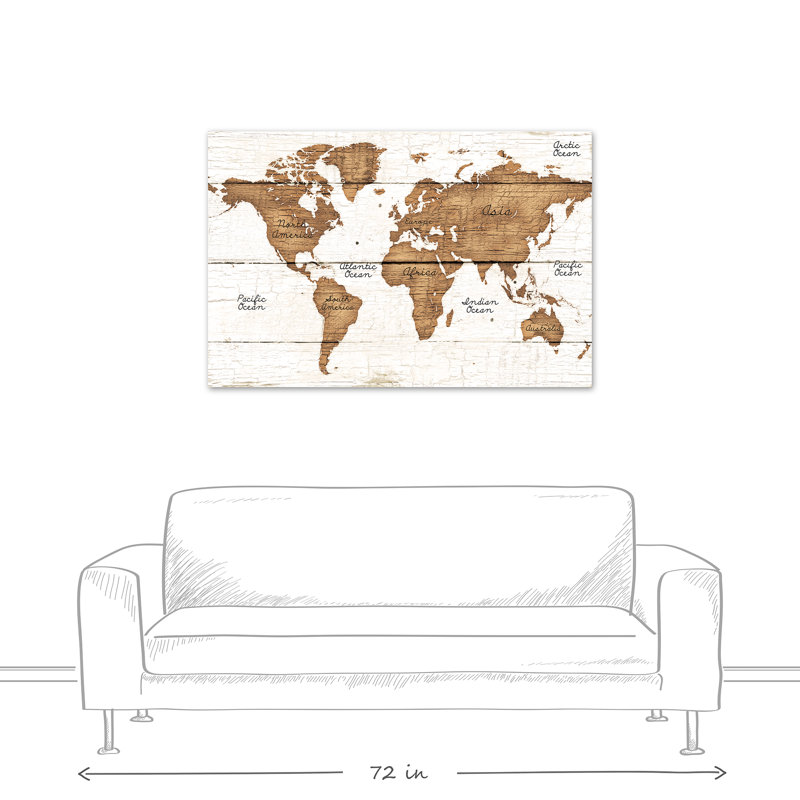 Carte du monde patinée - impression d'art graphique, H 32 po x l 48 po, Toile tendue