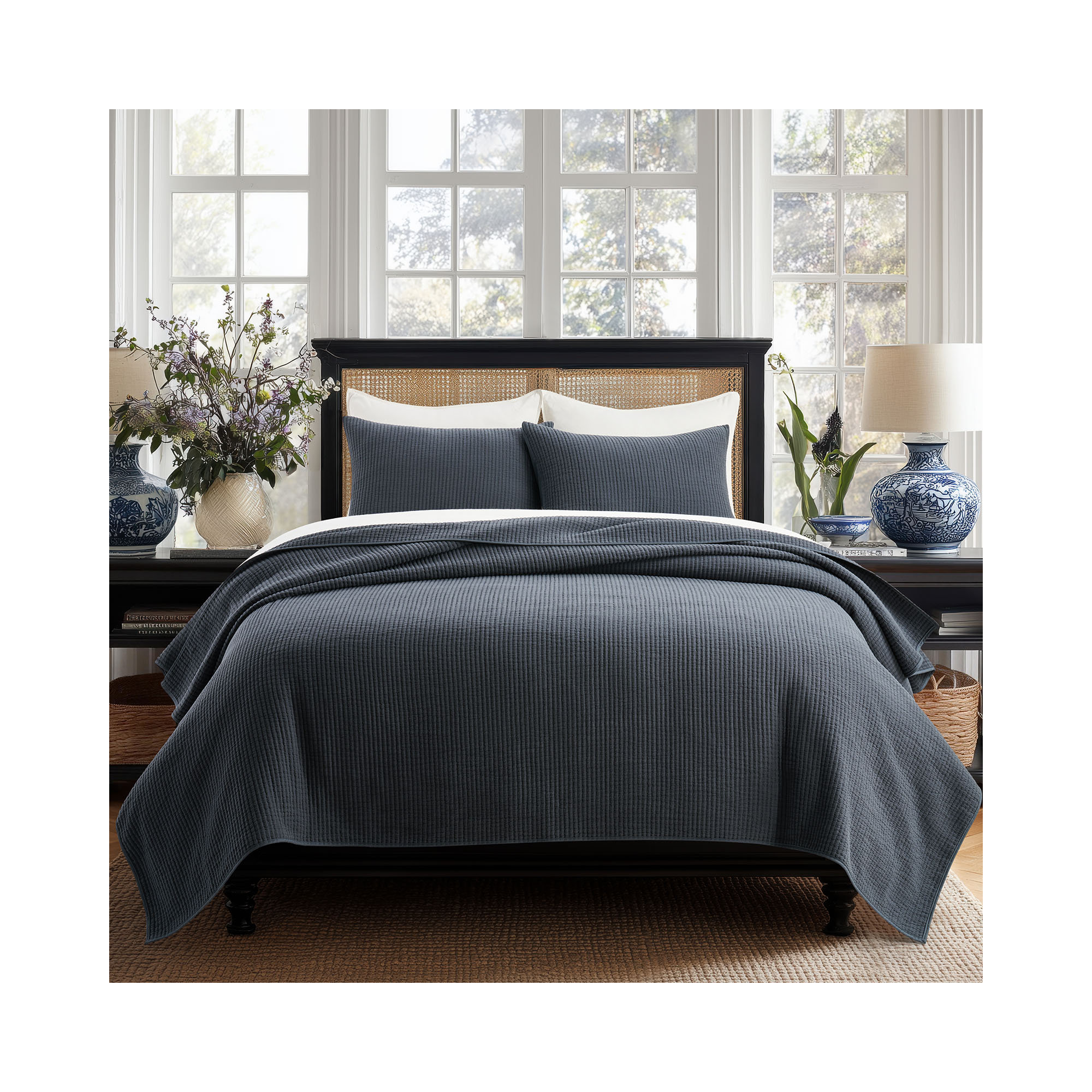 Ribbed Matelassé Cotton Coverlet Set, Midnight Blue, King Quilt + 2 King Shams
