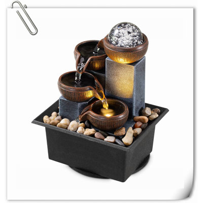 Fontaine de table 4 niveaux Fontaine de méditation Cascade de fontaine d'intérieur Bureau Maison Détente Fontaine de bureau La piscine comprend de nombreuses roches de rivière naturelles DEL lumières fixes Boule à bulles